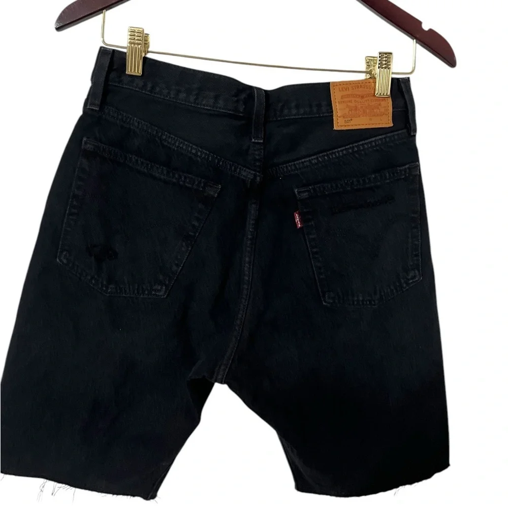 LEVI’S Slouch 501 Distressed Black High Waisted Ripped Denim Long Jean Shorts